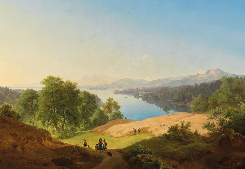 斯塔恩堡湖上的一幕，背景是斯塔恩堡城堡和玫瑰岛