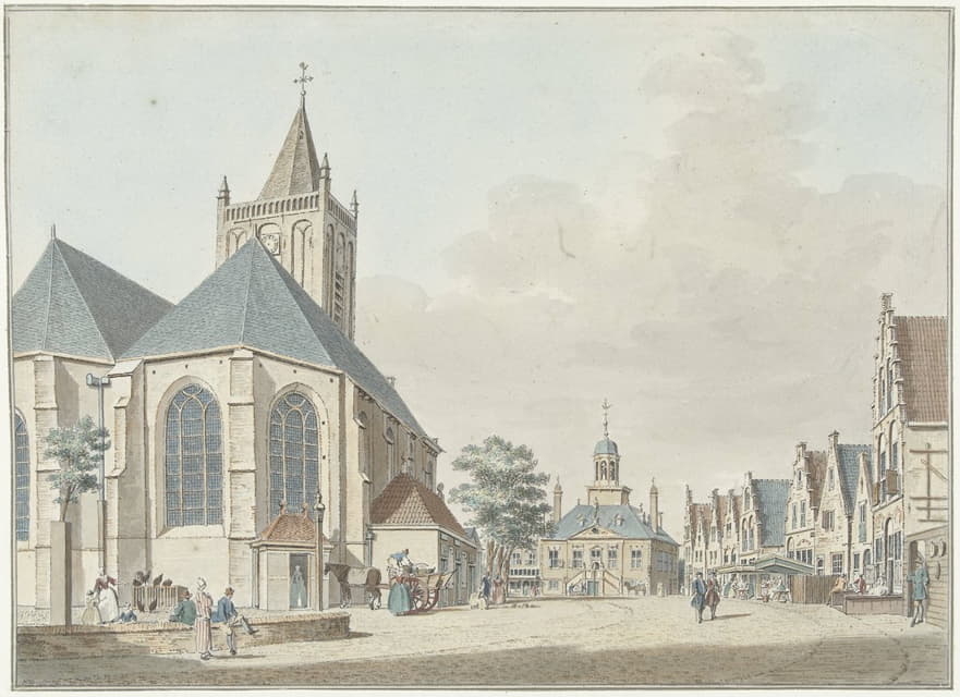Pieter Jan van Liender - De markt te Vlaardingen met de kerk en het stadhuis