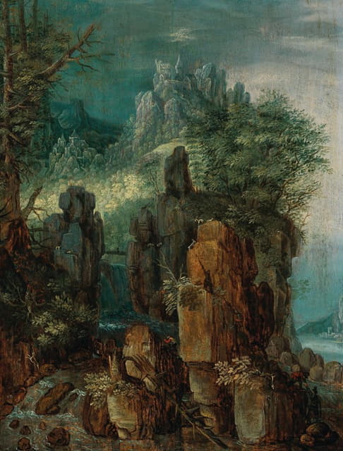 Roelant Savery - A mountainous river landscape with figures and goats, a village beyond