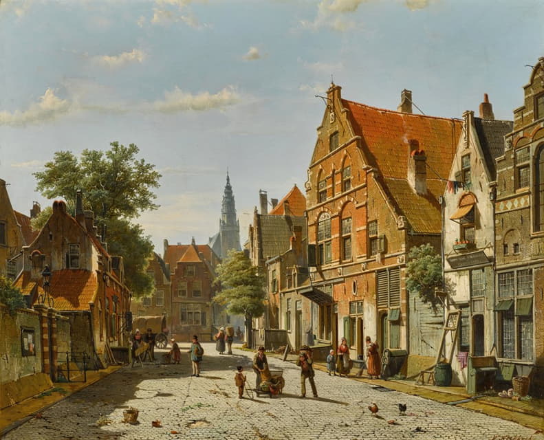 Willem Koekkoek - A Sunny Street with a Distant Church tower