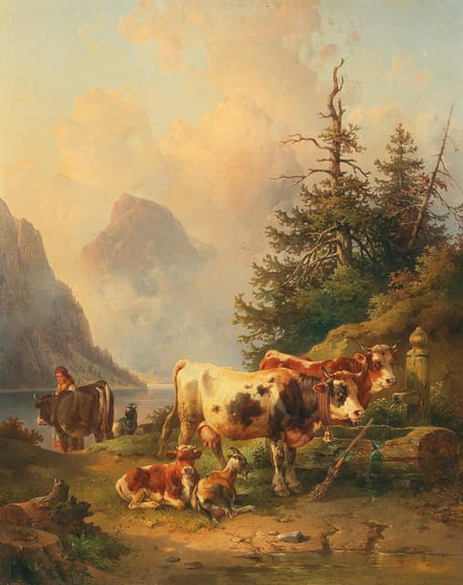 Edmund Mahlknecht - Herd of animals with shepherdess on the lakeside
