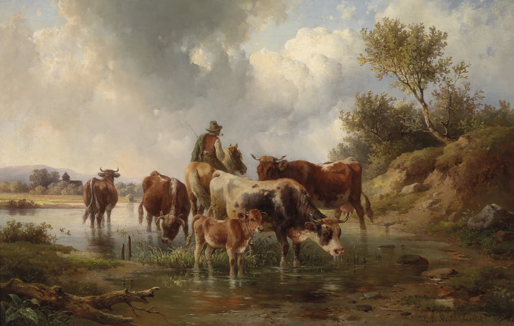 Edmund Mahlknecht - Kühe mit Hirten an der Furt