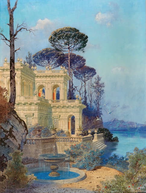 Ferdinand Knab - Villa, a Fountain by the Lake in the foreground