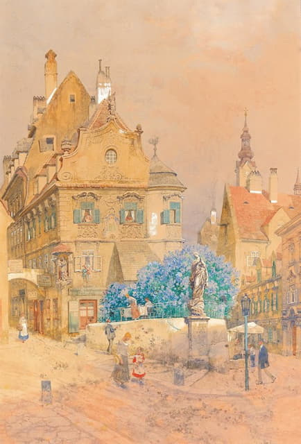 Franz Kopallik - A corner of a street with a lilac bush and the statue of a Madonna