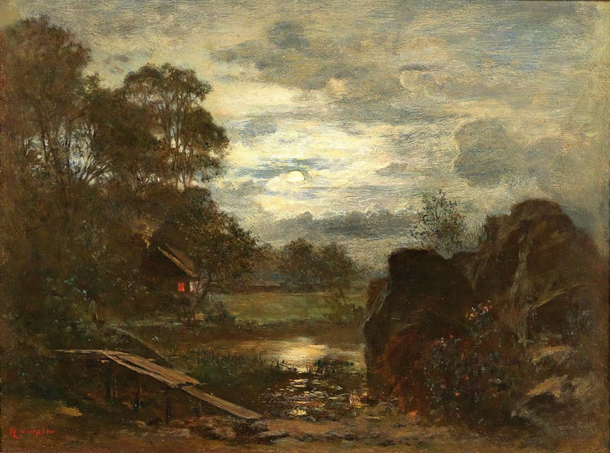 Franz Rumpler - Pond Landscape with Jetty and Hut in the Moonlight