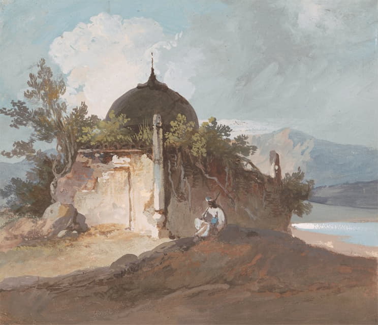 George Chinnery - Figure Seated by an Indian Temple