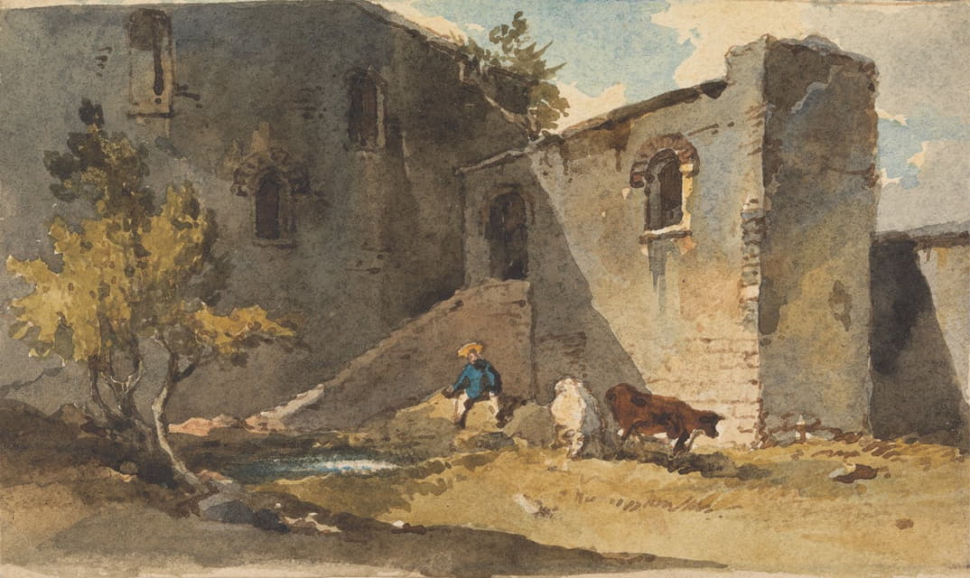 George Chinnery - Figure with Cattle Standing in the Shadow of a Building