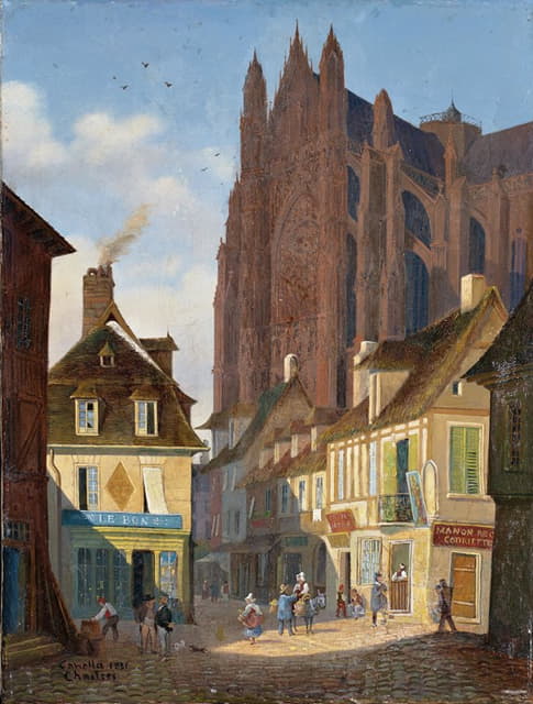 Giuseppe Canella - A street in Chartres with the Cathedral in the background