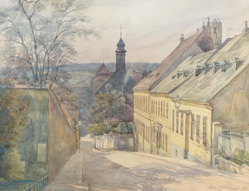 Hans Götzinger - A view of Diesterweggasse and St. Rochus chapel in Penzing