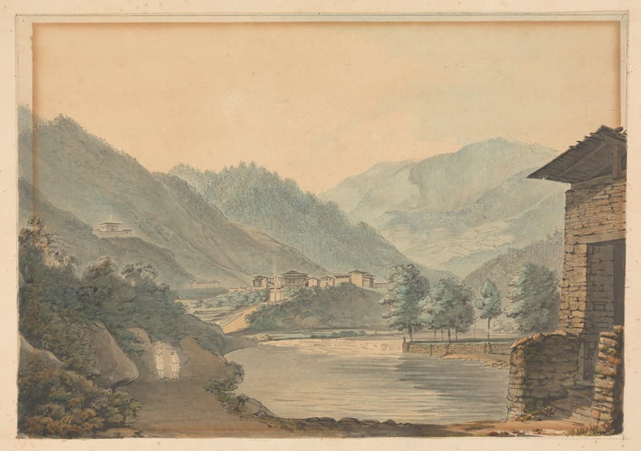 Samuel Davis - Mountainous Scene with Buildings and River