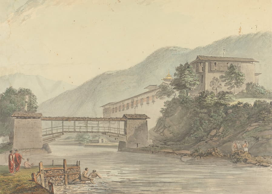Samuel Davis - View of Tashichoedzong, Bhutan and Foot Bridge