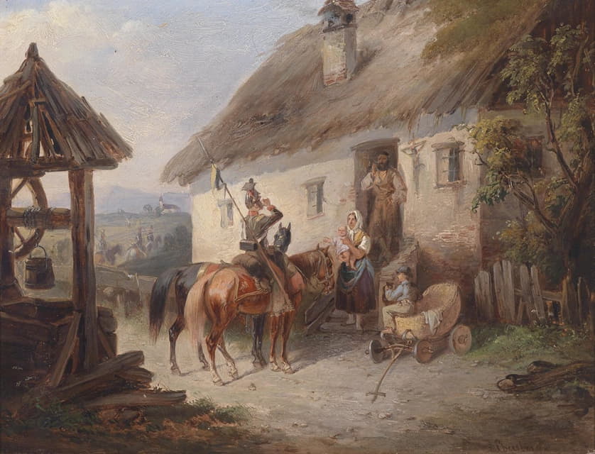 Carl Martin Ebersberg - Österreichische Ulanen vor einem Bauernhaus