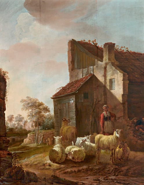 在布雷德罗德城堡门楼废墟上牵着羊的女人