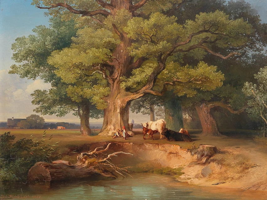 Johann Fischbach - Landscape with Cows and Herders