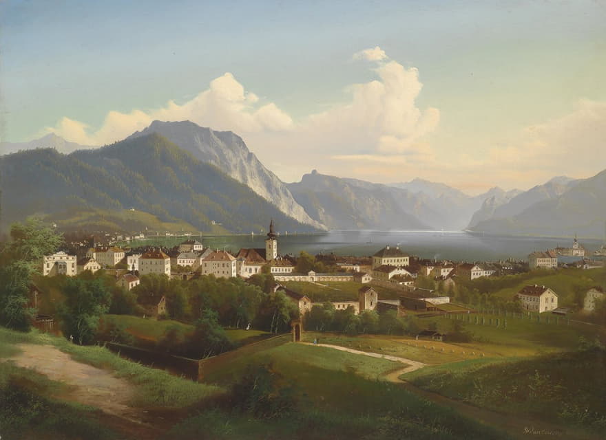 Johann Wilhelm Jankowski - Blick auf Gmunden mit Schloss Orth