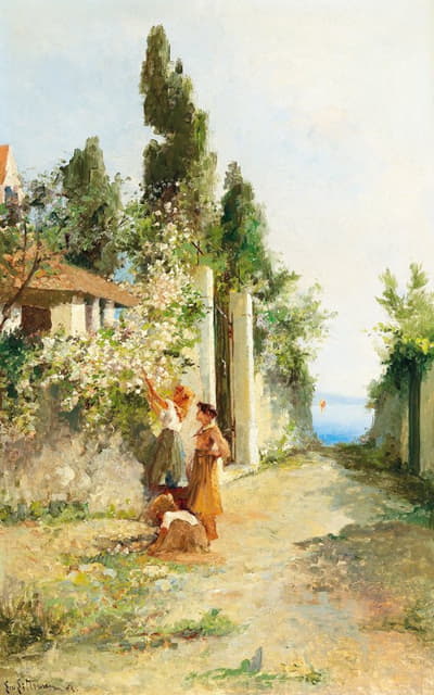 Leontine von Littrow - Three girls gathering roses