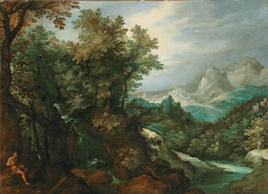 Paul Bril - A mountainous river landscape with a hermit