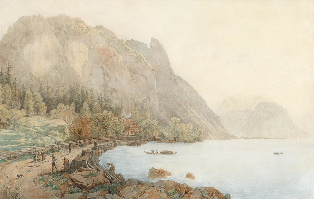 Attersee湖景与Höllengebirge山脉及人物描绘