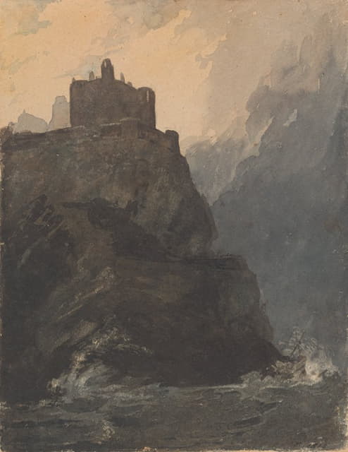 悬崖上的城堡，有暴风雨般的大海，悬崖底部有沉船