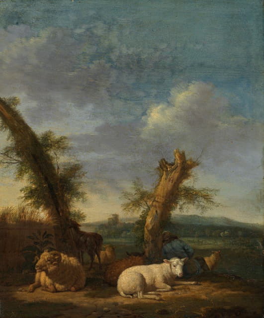 有羊和睡觉的牧羊人的风景