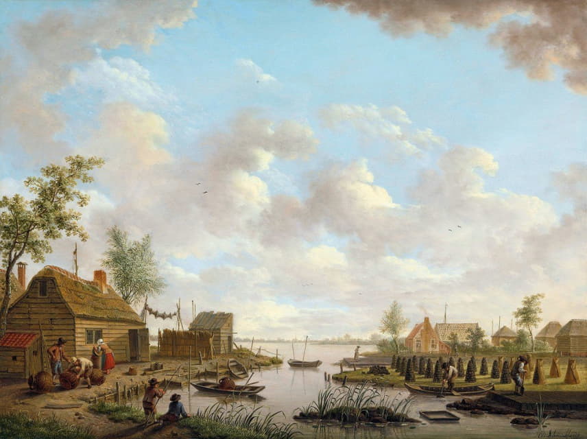 Hendrik Willem Schweickhardt - Landscape with Fishermen and Farmers Extracting Peat in a Marsh