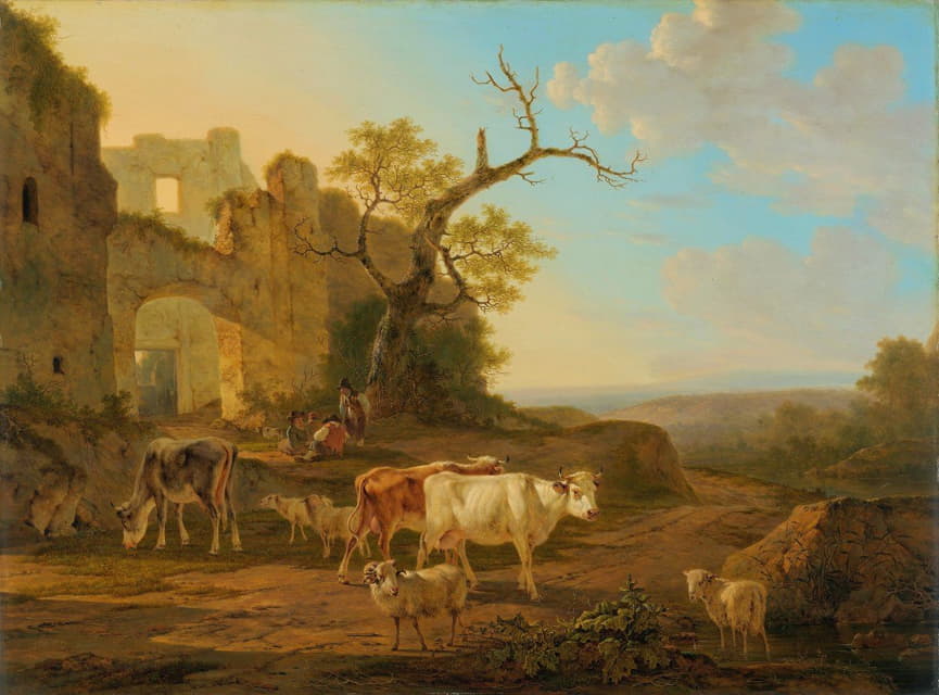 Jacob van Strij - Landscape with Cows near a Ruin