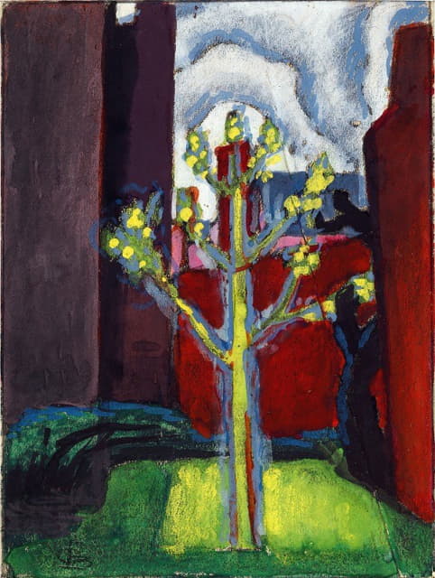 Oscar Bluemner - Young Tree in Red Courtyard