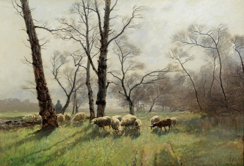 牧羊人和他的羊群在黄昏的灯光下