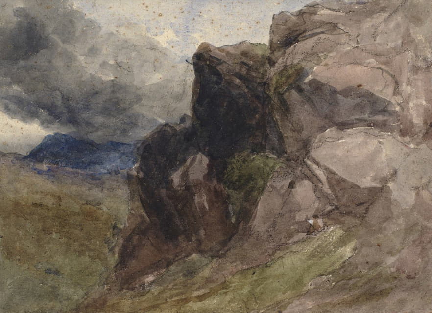 David Cox, the elder - Rocky landscape in Wales with figure drawing in the foreground to the right