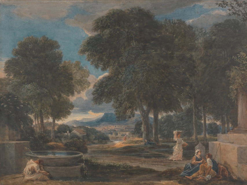 David Cox - Landscape with a Man Washing His Feet at a Fountain, after Poussin