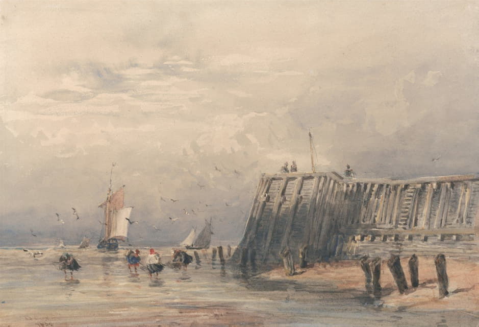 David Cox - Sailing Barges and Shrimpers off a Pier