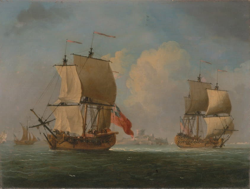 微风中的英国单桅帆船和护卫舰