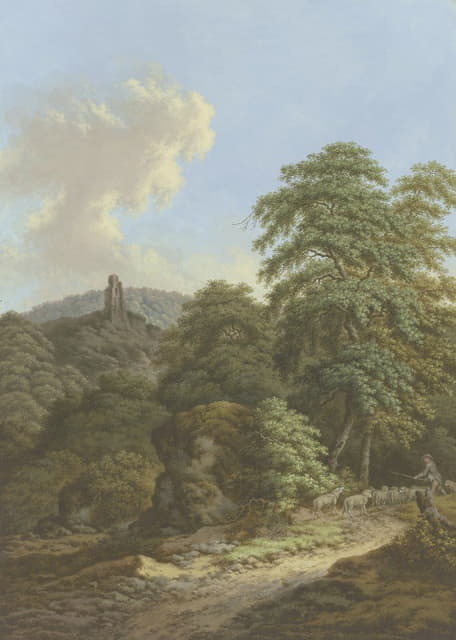 Friedrich Rauscher - Blick auf eine Burgruine, im Vordergrund ein Schäfer mit Herde