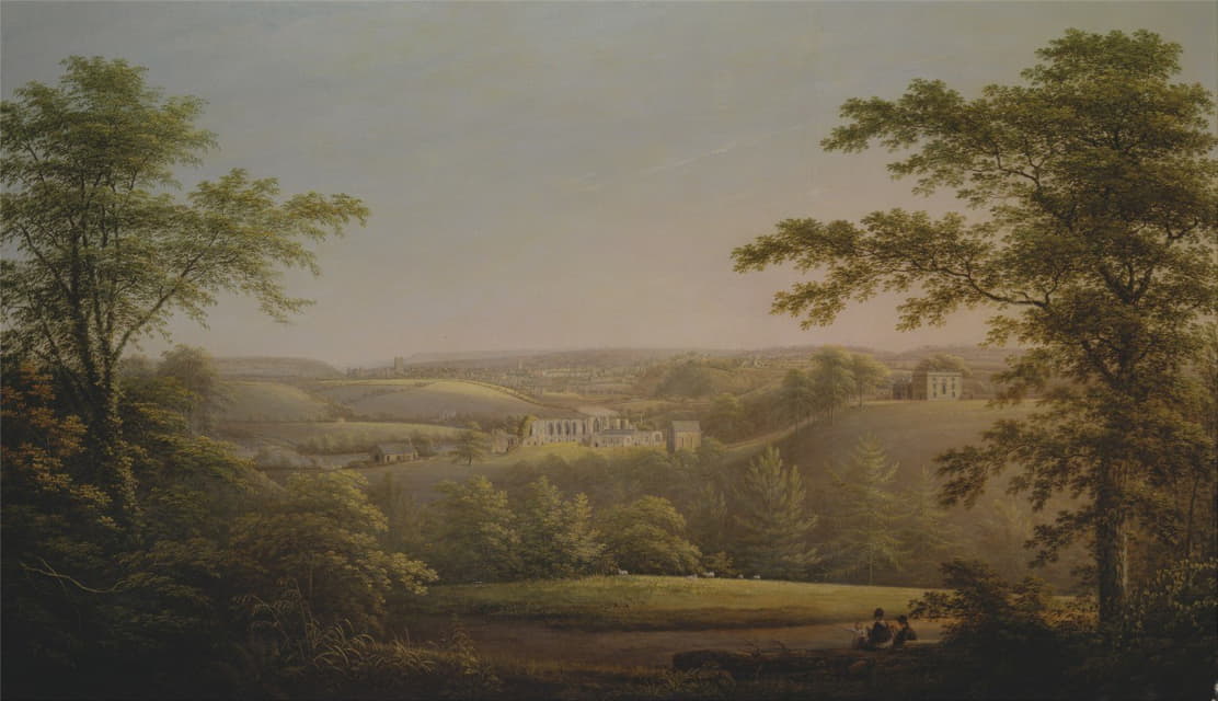 George Cuitt - Easby Hall and Easby Abbey with Richmond, Yorkshire in the Background