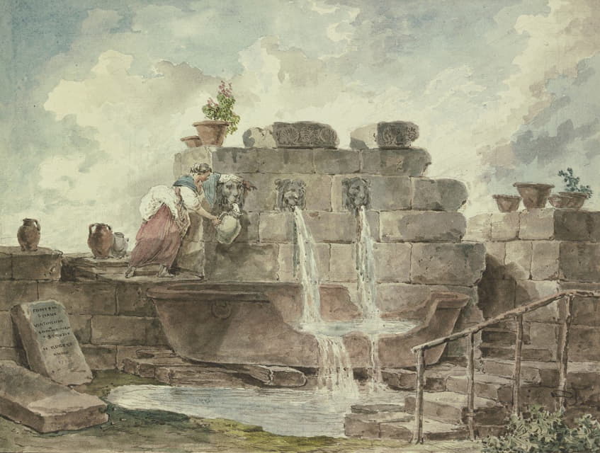 Hubert Robert - A Roman Fountain with a Woman Collecting Water