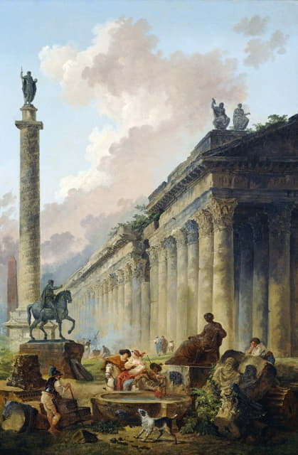 Hubert Robert - Imaginary View of Rome with Equestrian Statue of Marcus Aurelius, the Column of Trajan and a Temple