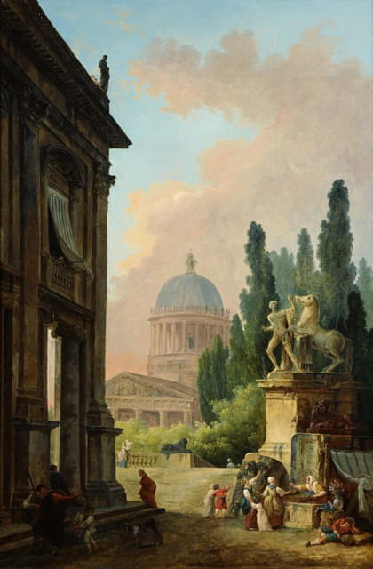 想象中的罗马全景，蒙特卡瓦洛的驯马师和一座教堂