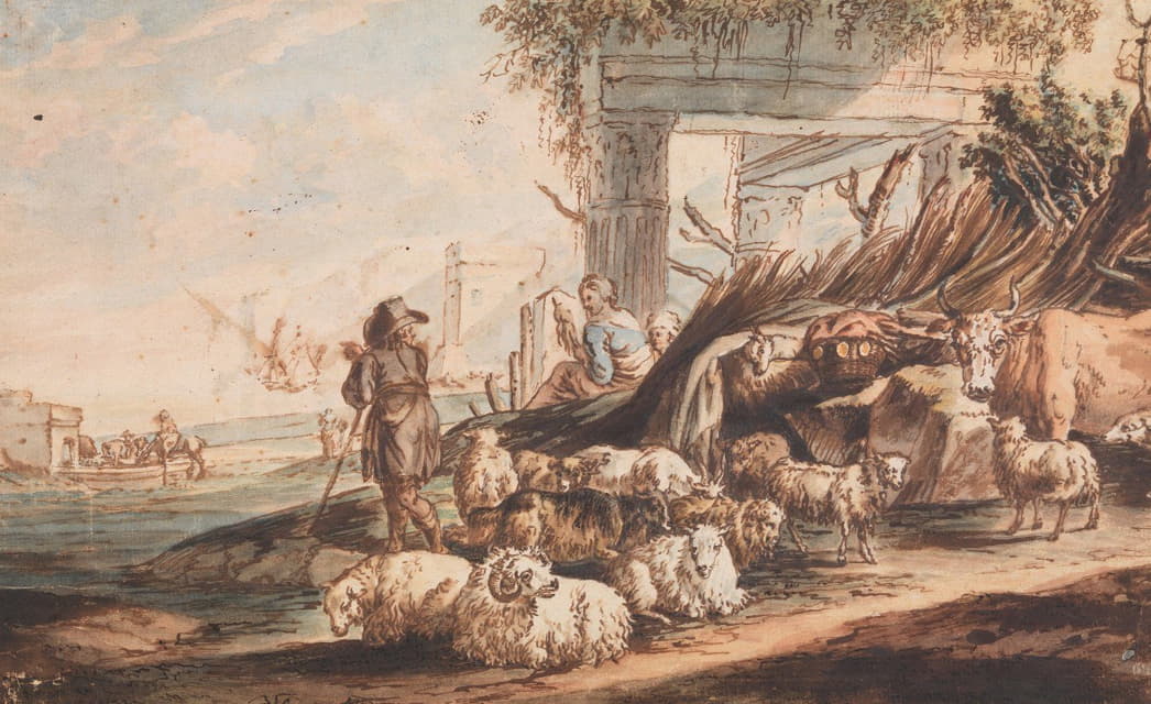 在废墟中牧放着一群羊和一头牛的牧羊人