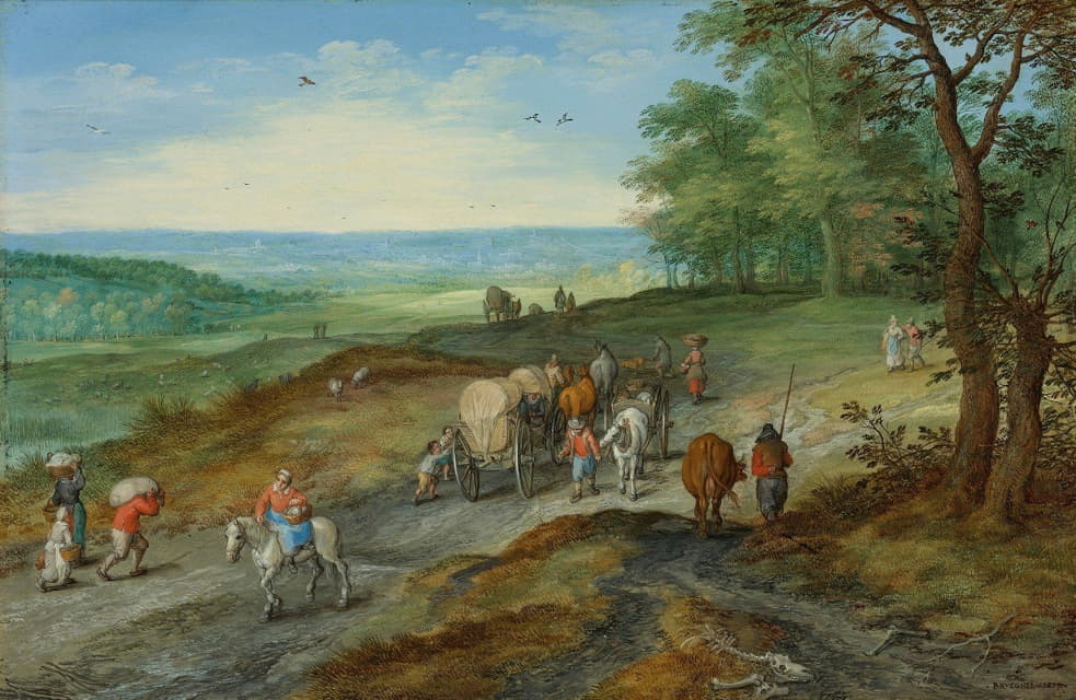 Jan Brueghel The Elder - A Panoramic Landscape With A Covered Wagon And Travelers On A Highway