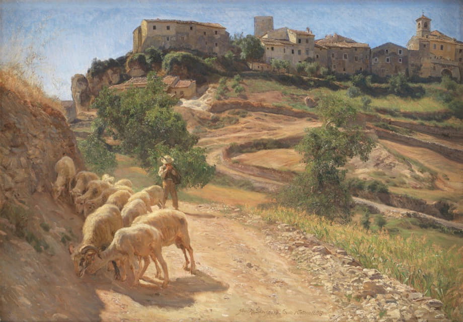 一个牧童和他的羊在Civita d'Antino