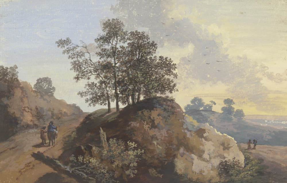 JOHANN ALEXANDER THIELE - Baumpartie mit Felsen zwischen zwei Wegen, links zwei Männer, einer beritten, rechts zwei Figuren und Blick in die Ferne