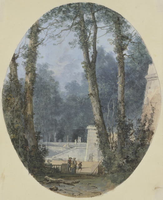 Louis Gabriel Moreau - Park Landscape with Tall Trees and Stone Ramp in Mid-Field