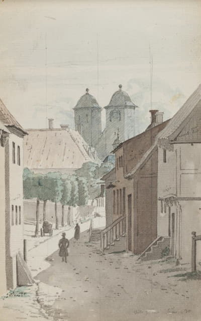 Martinus Rørbye - Et kik ned ad et stræde mod Viborg Domkirkes to tårne