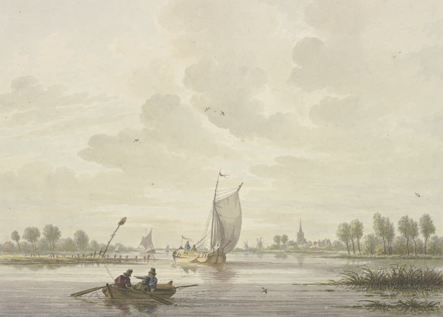 Nicolaas Wicart - Auf einem Fluss segeln einige Barken, vorne ein Ruderboot