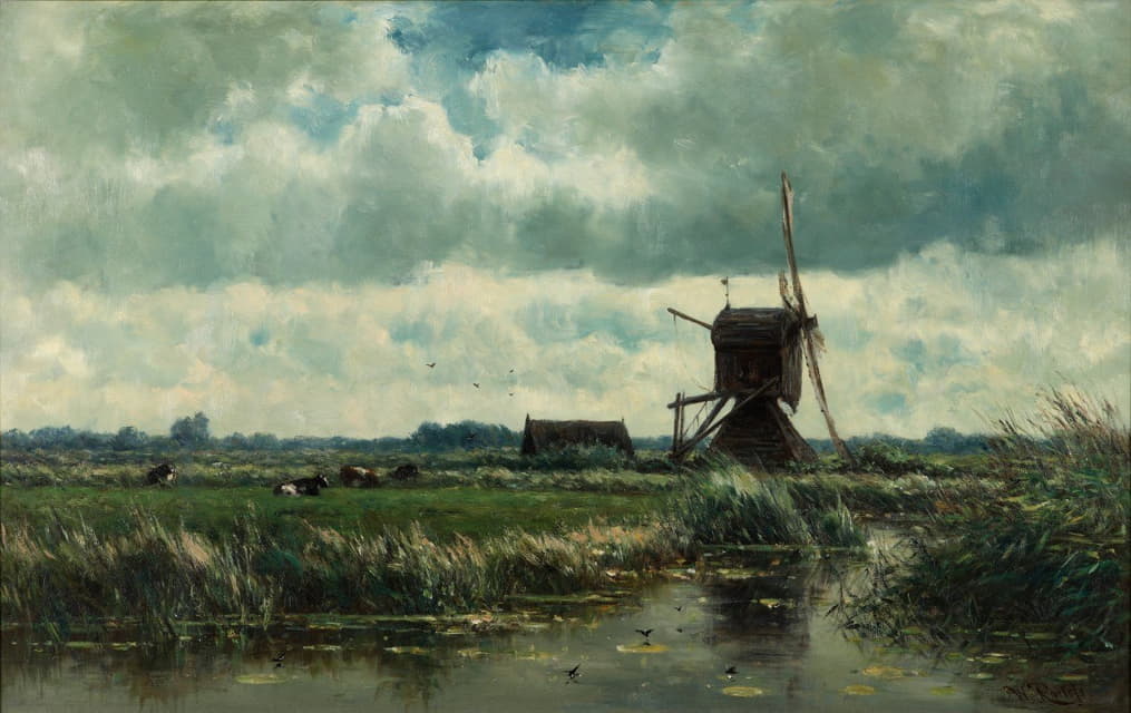 Willem Roelofs - Polder landscape with windmill near Abcoude