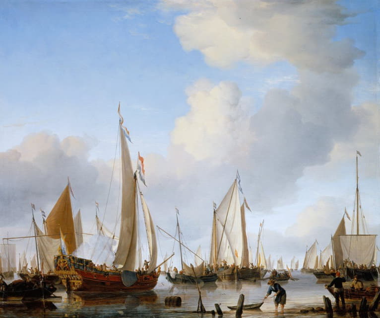 Willem van de Velde the Younger - Calm- A States Yacht under Sail close to the Shore with many other Vessels