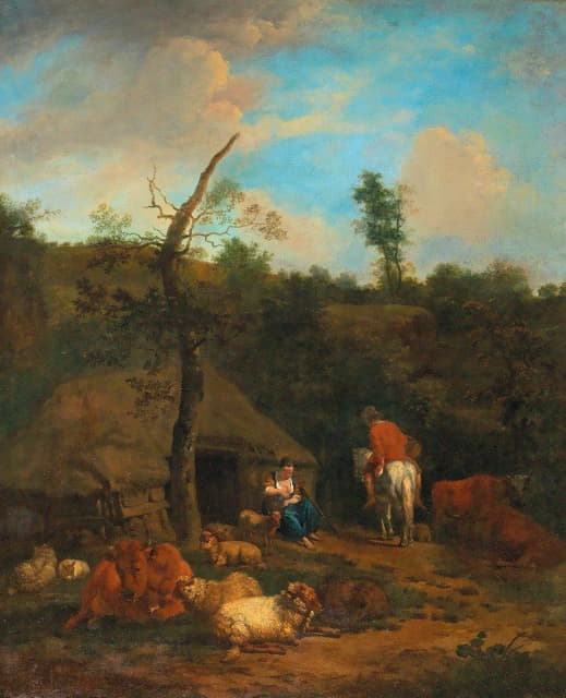 Adriaen van de Velde - A herdsman and a shepherdess in front of a wooden farmhouse
