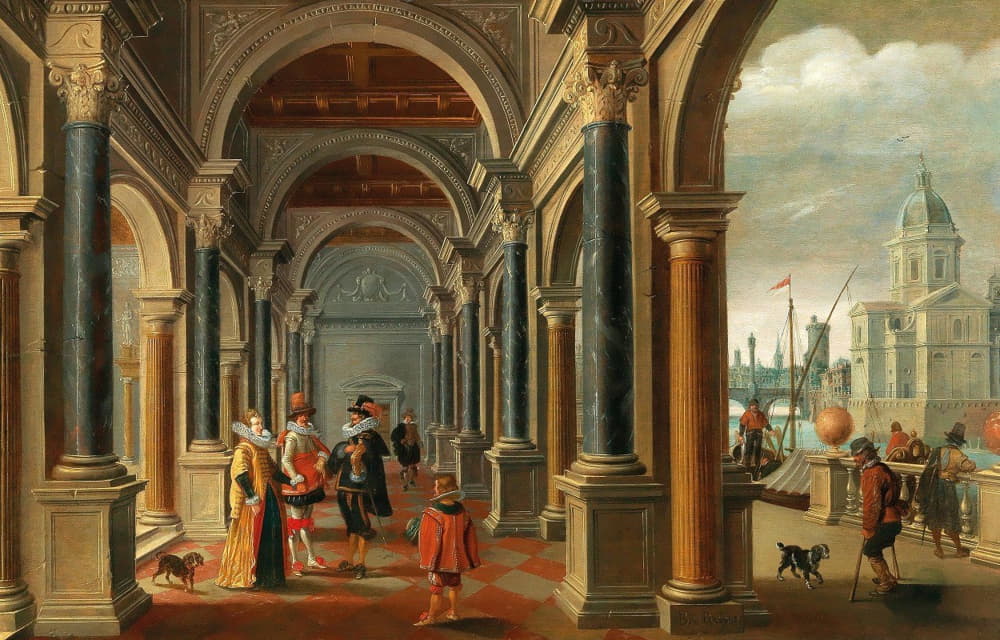 Bartholomeus van Bassen - A classical arcade with elegant figures, a city view to the right