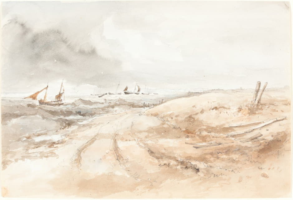 British 19th Century - Shore Scene with Boats in Choppy Water