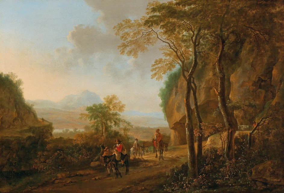 Jan Both - An Italianate landscape with travellers